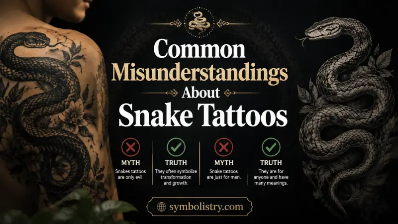 Common misunderstandings about snake tattoos explained with a visual guide showing myths and truths behind snake tattoo meanings.