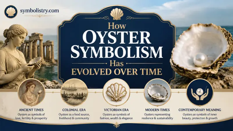 Oyster symbolism evolution timeline showing historical meanings, cultural changes, pearls, and modern interpretations of the oyster symbol