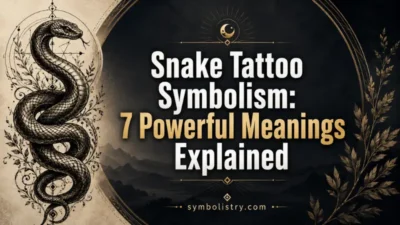Snake tattoo symbolism graphic showing a detailed snake design and the seven powerful meanings behind this popular tattoo symbol.