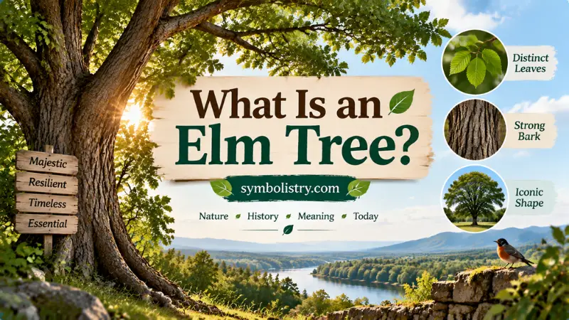 Graphic explaining what an elm tree is with leaf, bark, and tree shape details