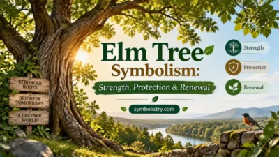 Graphic showing elm tree symbolism with meanings of strength, protection, and renewal