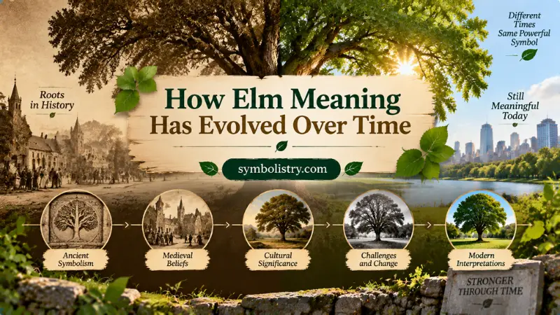 Graphic showing the evolution of elm tree meaning from ancient symbolism to modern interpretations