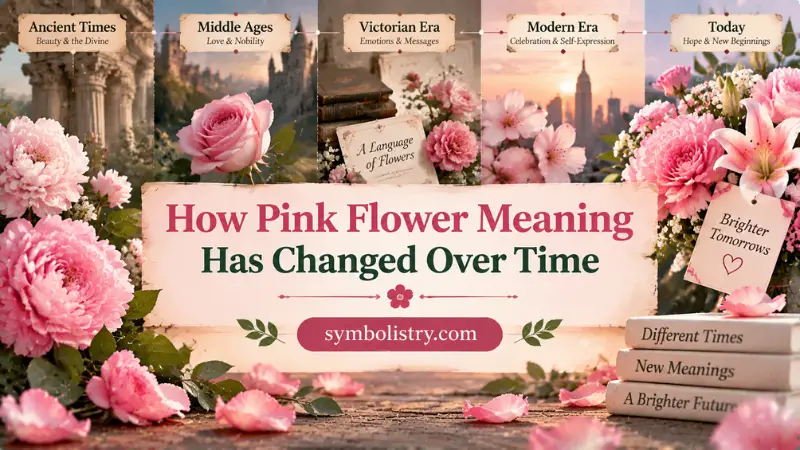Graphic showing the evolution of pink flower meaning from ancient symbolism to modern interpretations