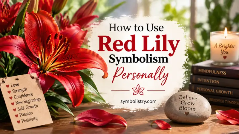 Red lily symbolism with flowers, reflection elements, and personal growth themes