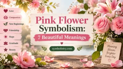 Graphic showing pink flower symbolism with seven meanings including love, compassion, hope, and gratitude