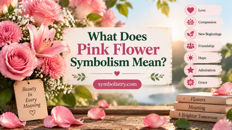 Graphic explaining pink flower symbolism meanings including love, compassion, friendship, and hope